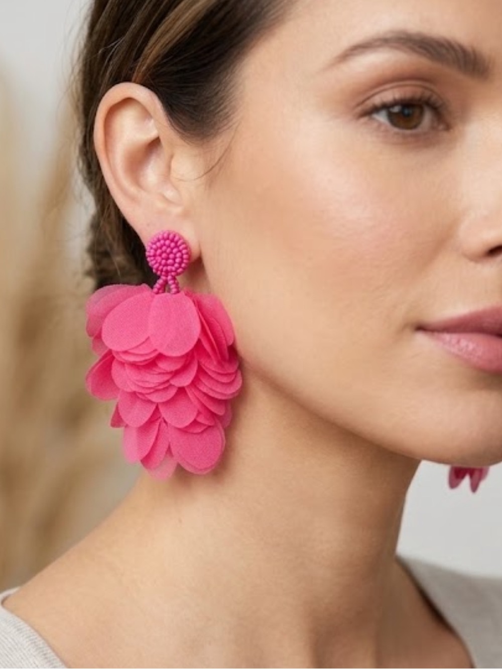 NWT Hot Pink Petal Statement Drop Earrings Beaded Floral Tiered Dangles Fuchsia